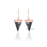 Unique Snowflake Obsidian 13x18mm Flat Triangle Gemstone Drop Earrings, Sterling Silver Rose Gold Plated Earrings, Halloween Gift Earrings